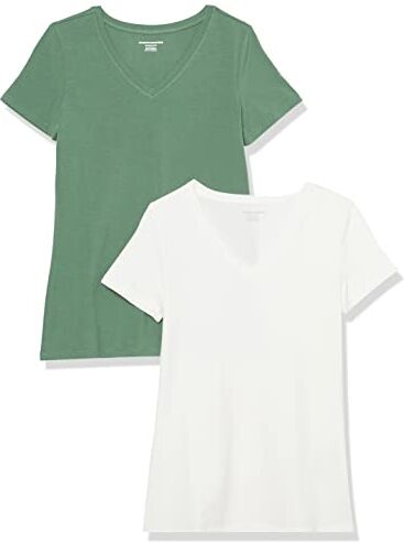 Amazon Essentials T-Shirt con Scollo a v a Maniche Corte con vestibilità Classica Donna, Pacco da 2, Verde Salvia/Bianco, XS