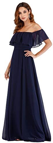 Ever-Pretty Dalla SpallaVestito da Sera Linea ad A Chiffon con Aberturas Lungo Blu Navy 38