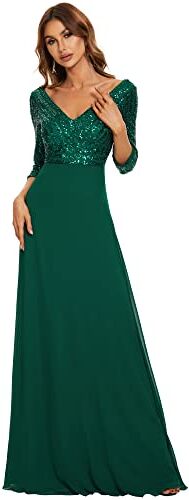 Ever-Pretty Vestito da Cerimonia Elegante Manica Lunga Scollo a V con Paillettes Linea ad A Chiffon Donna Abito da Sera Verde Scuro 56