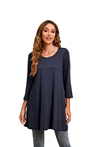 Enmain Maglie a Manica Lunga da Donna Blu Navy Top a Tunica Casual Camicetta Lunga Girocollo da Donna Maglietta Lunga 3XL