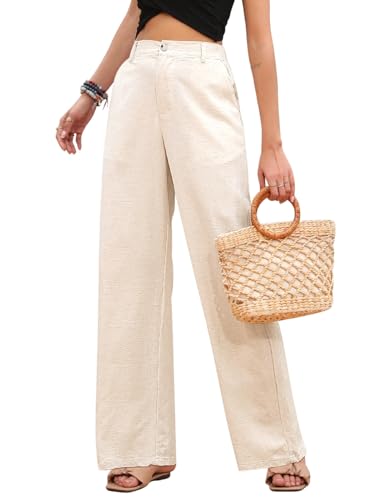 heekpek Pantaloni Lino Donna Estivi Vita Alta Comodi Leggero Pantaloni Larghi Donna Eleganti Pantaloni Gamba Dritta Donna Pantaloni Casual Spiaggia con Tasca, Beige, L