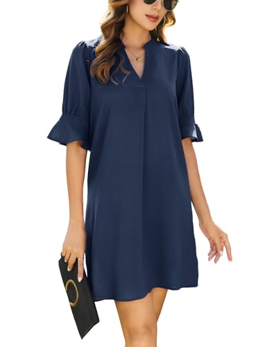 CMTOP Donna Manica Corta Tinta Unita Donna Estivi Scollo V Manica Corta Eleganti Midi Lunghi Abito da Spiaggia Vestiti XL Navy