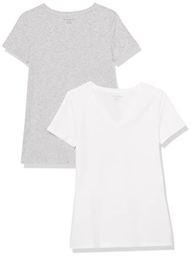 Amazon Essentials T-Shirt con Scollo a v a Maniche Corte con vestibilità Classica Donna, Pacco da 2, Grigio Chiaro Puntinato/Bianco, M