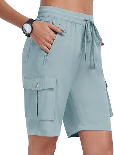 MoFiz Pantaloncini Cargo Trekking Donna Bermuda Estivi Pantaloni Corti Vita Elastica Leggeri Pantaloncini da Escursionismo Sportivi Jogging Casual Esterno con 6 Tasche Grigio Blu Taglia EU M