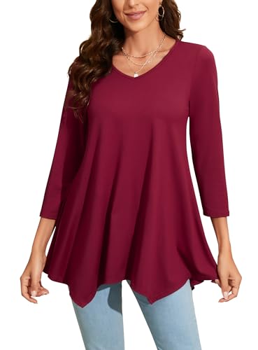 Enmain Maglietta Donna Tunica Manica Lunga Scollo V Rosso Vino Top Tunica Maniche a 3/4 Maglia Taglie Forti Magliette Donna Elegant Camicetta,Borgogna 2,2XL