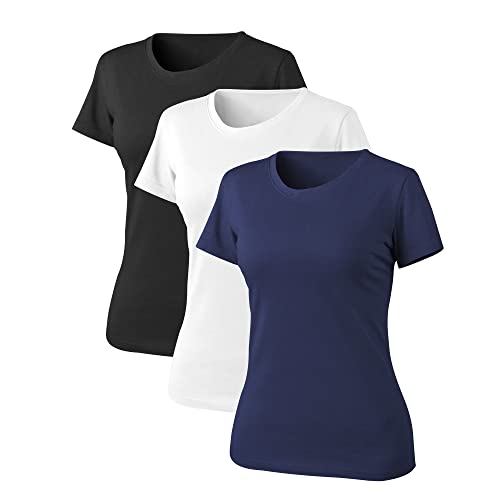 LiKing T-Shirt Donna Maglietta con Scollo Rotondo Cotone Maniche Corte Tee Top Pacco da 3 6101 Multicolore