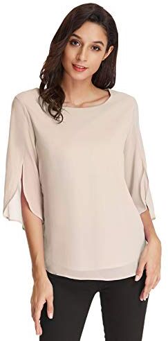 GRACE KARIN Camicia Donna Elegante Bluse Scollo Tondo Camicia Donna Chiffon per Primavera Estivo Beiga S CLAF15-2