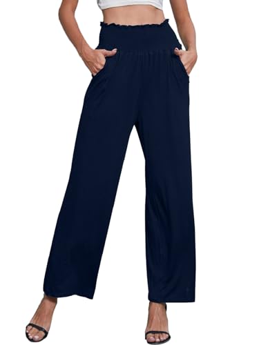 Joligiao Donna Pantaloni Estivi Confortevoli Pantaloni Casual con Tasche Vita Alta Pantaloni a Gamba Dritta Pantaloni Larghi Elastico Pants Adatto per Lavoro e Ufficio,Blu Navy,M