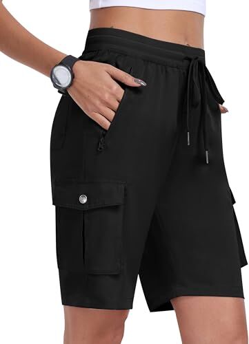 MoFiz Pantaloncini Cargo Trekking Donna Bermuda Estivi Pantaloni Corti Vita Elastica Leggeri Pantaloncini da Escursionismo Sportivi Jogging Casual Esterno con 6 Tasche Nero Taglia EU M