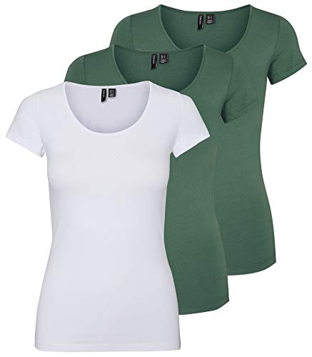 Vero Moda Maglietta da donna Vmmaxi My Ss, soft, collo a U, Verde/bianco (2 x Laurel Wreath/1 x Bright White)., M