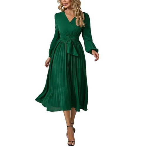 Generic Abito da donna con scollo a V pieghettato Abito a maniche lunghe alla moda con linea ad A Abito da festa da donna streetwear con cintura-verde-XL