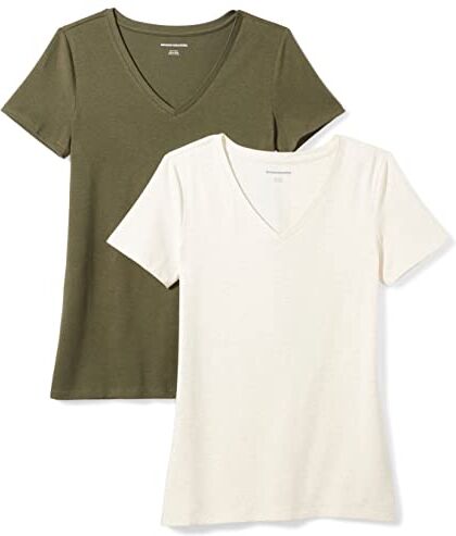 Amazon Essentials T-Shirt con Scollo a v a Maniche Corte con vestibilità Classica Donna, Pacco da 2, Verde Oliva/Avena Puntinato, L