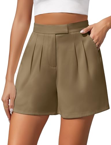 Xnova Pantaloncini da Donna Eleganti e Casual a Gamba Larga, Loose Shorts Vita Alta con Tasche Laterali, Pantaloni Corti con Chiusura Lampo Estivi (Khaki, S)