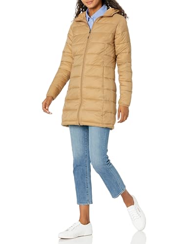 Amazon Essentials Cappotto di Piumino Leggero Impermeabile con Cappuccio (Taglie Forti Disponibili) Donna, Cammello, M