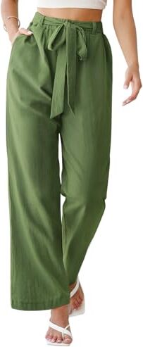 PASUDA Pantaloni Donna Estivi Cotone e Lino Lunghi Pantaloni Elastica Vita Alta Eleganti Pantaloni Leggeri Larghi Tinta Unita Pantalone Gamba Larga con Tasche (Verde, XXL)