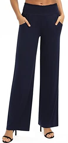 EXCHIC Donna Solido Sciolto Gamba Dritta Palazzo Pantaloni A Vita Alta Elastico Casual Pantaloni con Tasche (S, Blu Navy)