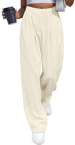 CMTOP Pantaloni Donna Eleganti Pantaloni Leggeri Donna Estivi Vita Alta Pantaloni Lunghi Casual Gamba Dritta Palazzo Tinta Unita Morbidi Pantaloni Larghi Comodi Pantalone con Tasche(Beige, M)