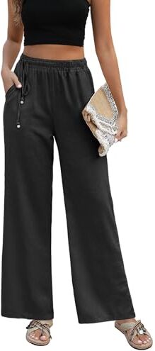 PASUDA Pantaloni Donna Pantaloni in Lino Estivi Larghi da Donna Eleganti Elastico Vita Alta Pantaloni Gamba Dritta Casual Leggeri Pantalone con Tasche e Coulisse Laterale (Nero, L)