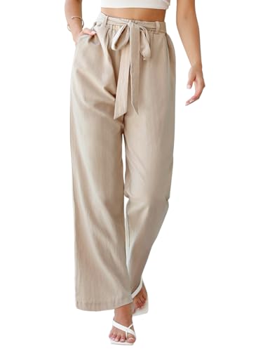 PASUDA Pantaloni Donna Estivi Cotone e Lino Lunghi Pantaloni Elastica Vita Alta Eleganti Pantaloni Leggeri Larghi Tinta Unita Pantalone Gamba Larga con Tasche (Beige, M)