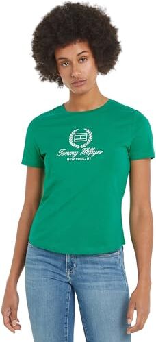 Tommy Hilfiger T-shirt Maniche Corte Donna Slim Flag Tee Scollo Rotondo, Verde (Olympic Green), M