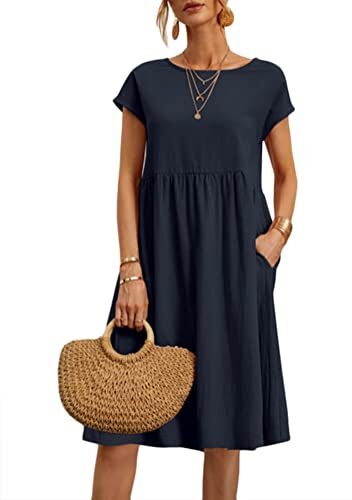 Yesgirl Vestiti da Donna Estivi Girocollo Manica Corta Vestiti Casual Abito in Lino Eleganti Tinta Unita Vestito Boho Abiti al Ginocchio Larghe Abito da Spiaggia A Blu Scuro M