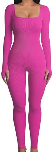 Luckxing Tuta sportiva a maniche lunghe, Tuta da allenamento a maniche lunghe   Tuta elasticizzata aderente con leggings a figura intera con scollo quadrato e manica lunga,Body completi da donna, body