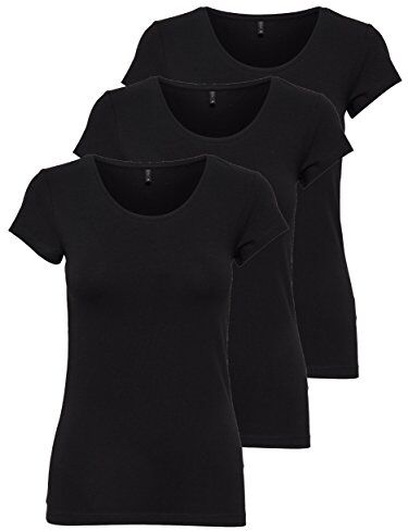 Only Confezione da 3 magliette da donna a maniche corte basic, essenziali, estive, nero o bianco, Nero , L