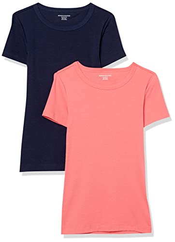 Amazon Essentials T-Shirt Girocollo a Maniche Corte Slim Donna, Pacco da 2, Blu Marino/Rosa Shocking, L