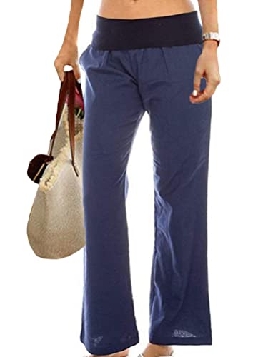 ORANDESIGNE Pantaloni Casual Donna in Lino Elegante con Elastico in Vita Pantalone Estivo con Tasche per Vacanze Lavoro (B Blu Navy, M)