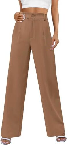 Niwicee Pantaloni Cargo Donna Solido Sciolto Gamba Dritta Palazzo Pantaloni A Vita Alta Elastico Casual Pantaloni Eleganti Pantalone a Gamba Larghi Dritta con Bottone e Tasche-Cachi-M