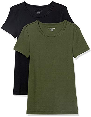 Amazon Essentials T-Shirt Girocollo a Maniche Corte Slim Donna, Pacco da 2, Verde Oliva Scuro/Nero, L