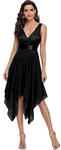 Ever-Pretty Abiti da Sera Senza Maniche con Scollo a V Stile Impero Linea ad A in Pizzo Chiffon al Ginocchio con Orlo Asimmetrico da Donna Nero 40