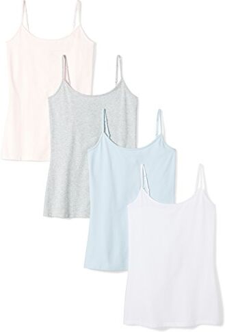 Amazon Essentials Canotta vestibilità Slim Donna, Pacco da 4, Grigio Chiaro Puntinato/Bianco/Rosa Chiaro, M