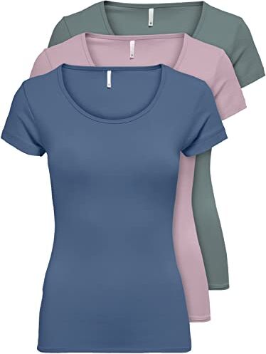 Only Confezione da 3 magliette da donna a maniche corte basic, essenziali, estive, nero o bianco, Mix 5 colori., L