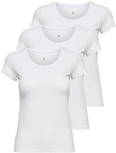 Only Confezione da 3 magliette da donna a maniche corte basic, essenziali, estive, nero o bianco, bianco, M