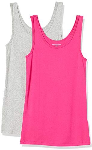 Amazon Essentials Canottiera vestibilità Aderente Donna, Pacco da 2, Grigio Puntinato/Rosa Brillante, XS