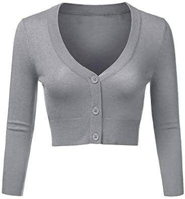 Irevial Cardigan Donna Corto Lavorato a Maglia Elegante Bolero a Maniche Lunghe Coprispalle Scollo a V con Bottoni Grigio S