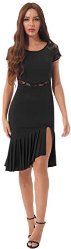 TiaoBug Abito da Ballo Donna Latino Americano Pizzo Trasparente Vestito Danza Classica con Nappa Salsa Samba Rumba Abito da Ballerina Jazz Danza Moderna Dancewear Nero A L