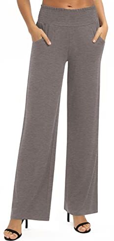 EXCHIC Donna Solido Sciolto Gamba Dritta Palazzo Pantaloni A Vita Alta Elastico Casual Pantaloni con Tasche(M, Cioccolato)