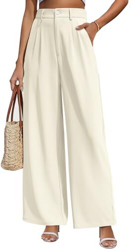 CMTOP Pantaloni Donna Eleganti Pantaloni Leggeri Donna Estivi Vita Alta Pantaloni Lunghi Casual Gamba Dritta Palazzo Tinta Unita Morbidi Pantaloni Larghi Comodi Pantalone con Tasche(Beige, S)