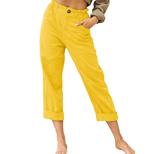 KEERADS Pantaloncini da bagno Rosa Pantaloni da donna in cotone e lino con coulisse sul retro Pantaloni in vita elastica Pantaloni casual Jean Dress (Yellow #1, XXL)