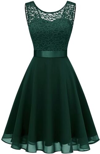 Berylove Abito da Donna in Pizzo Damigella d'Onore Elegante Abito da Cocktail Lunghezza al Ginocchio in Chiffon Senza Maniche Verde Scuro 05 Verde Scuro 3XL