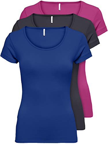 Only Confezione da 3 magliette da donna a maniche corte basic, essenziali, estive, nero o bianco, Mix 4 colori., M