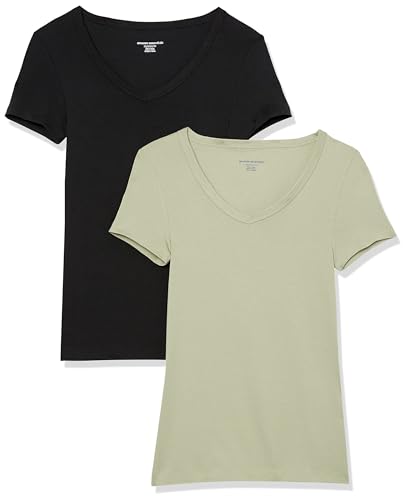 Amazon Essentials T-Shirt con Scollo a v a Maniche Corte Slim Donna, Pacco da 2, Nero/Verde Salvia, M