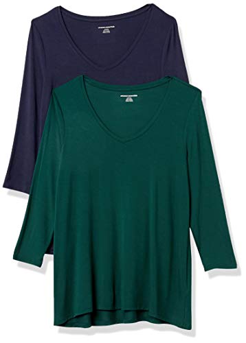Amazon Essentials T-Shirt Swing con Maniche a 3/4 e Scollo a v (Taglie Forti Disponibili) Donna, Pacco da 2, Blu Marino/Verde Giada, S