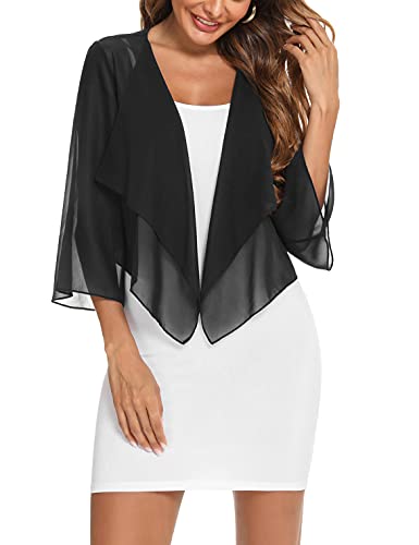 Aottori Coprispalle Donna Chiffon Elegante Bolero Maniche 3/4 Cardigan Estivo Corto Giacca Trasparente Leggero per Cerimonia Festiva Nero M