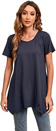 Enmain Maglie a Manica Corta Lunga da Donna Blu Navy Top a Tunica Casual Camicetta Lunga Girocollo da Donna Maglietta Lunga 3XL