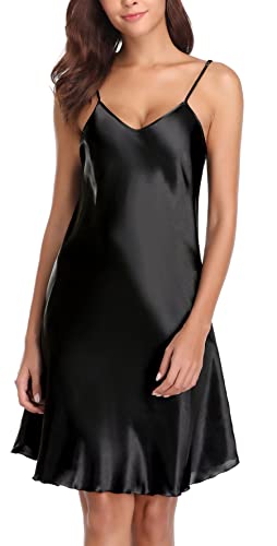 Vlazom Camicie da Notte da Donna, Donna Sexy Sottoveste Senza Maniche Cinturino Regolabili Spalline Camicia da Notte,M,Nero