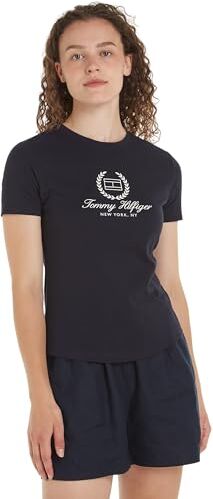 Tommy Hilfiger T-shirt Maniche Corte Donna Slim Flag Tee Scollo Rotondo, Blu (Desert Sky), XXS