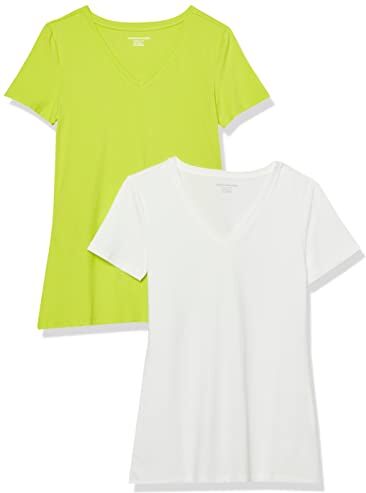 Amazon Essentials T-Shirt con Scollo a v a Maniche Corte con vestibilità Classica Donna, Pacco da 2, Verde Lime/Bianco, L